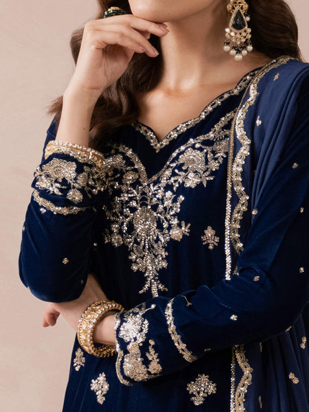 3 Piece Velvet Suit-Embroidered (Pret)