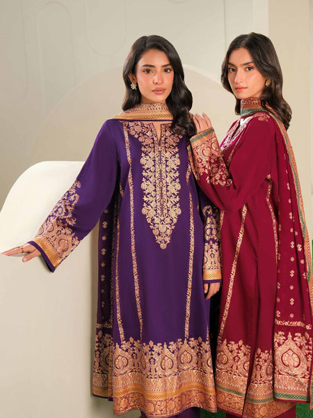 3 Piece Satin Suit-Paste Print (Unstitched)