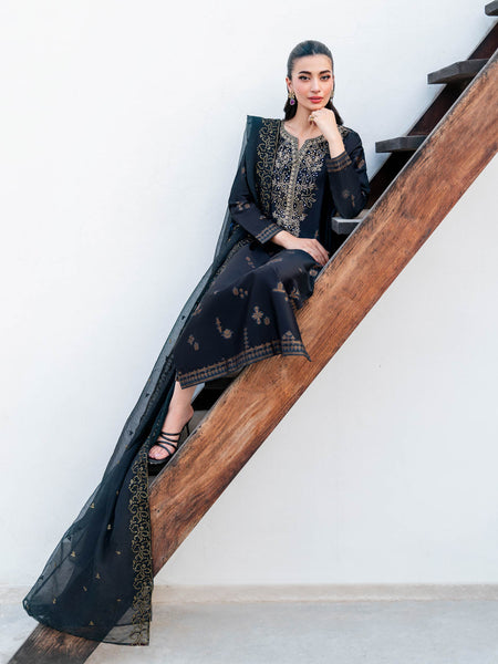 3 Piece Satin Suit-Embroidered (Unstitched)